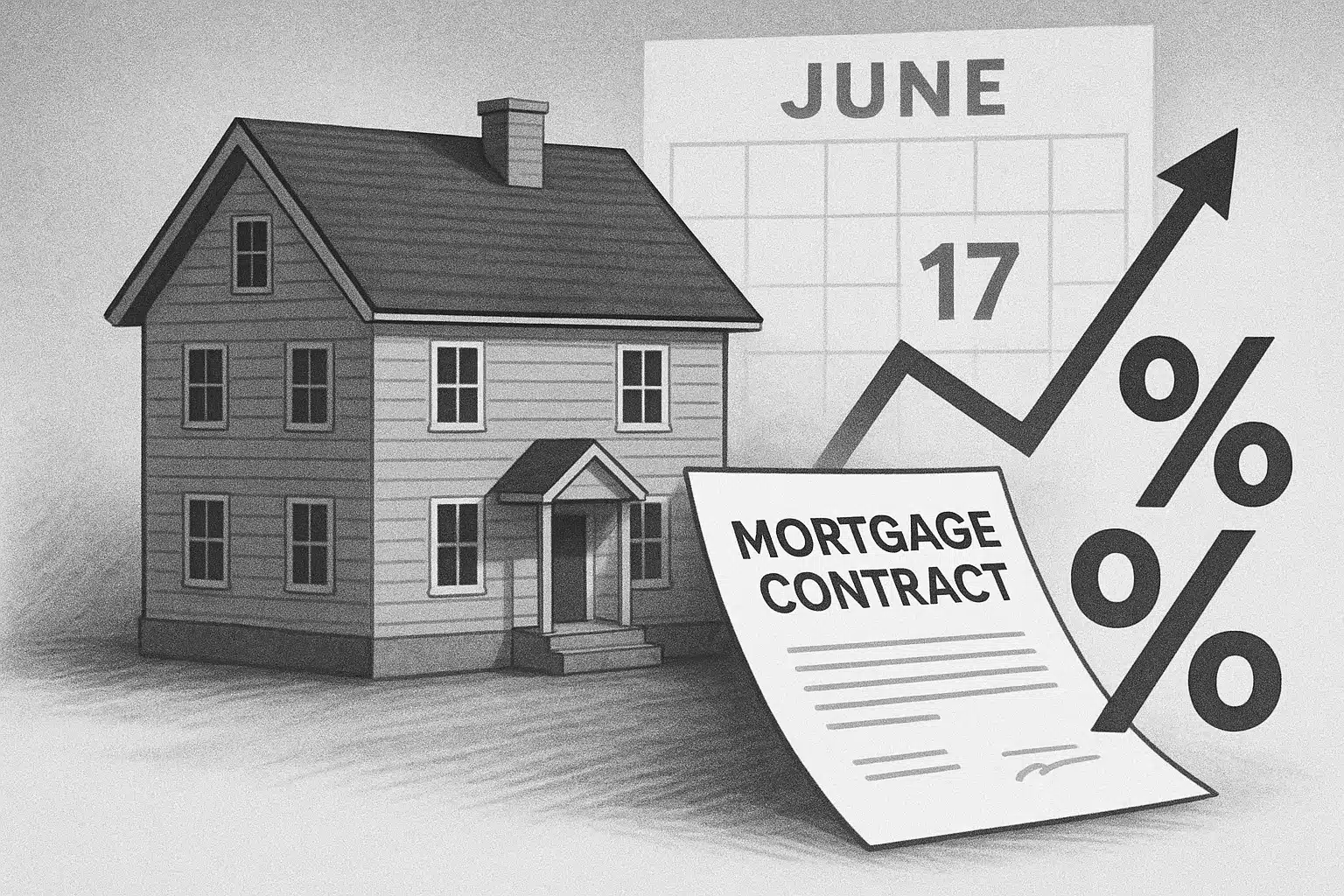 Illustration of a house, mortgage contract, rising percentage signs, and a June 17 calendar—representing rising mortgage rates ahead of a key Federal Reserve meeting.