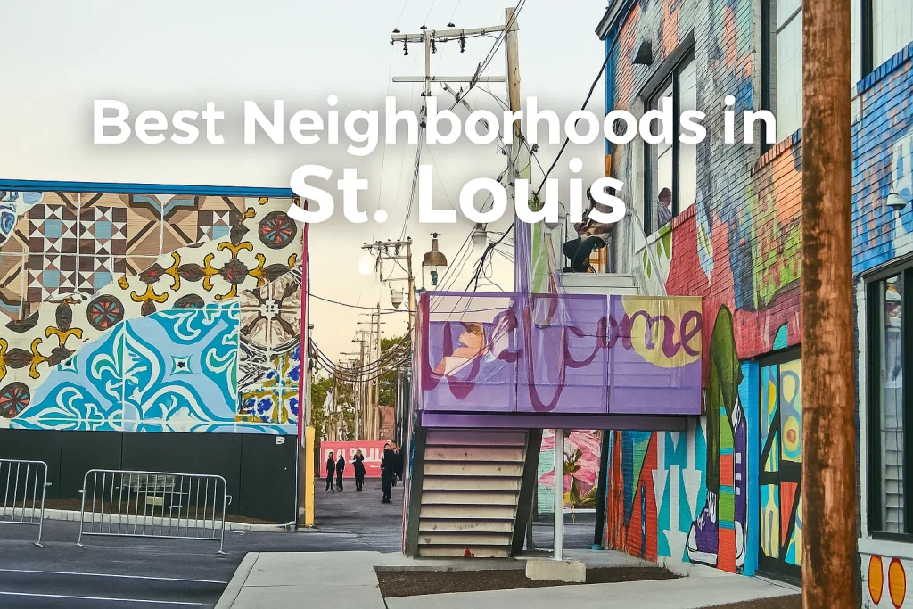 Colorful mural alley in St. Louis with text overlay reading “Best Neighborhoods in St. Louis”