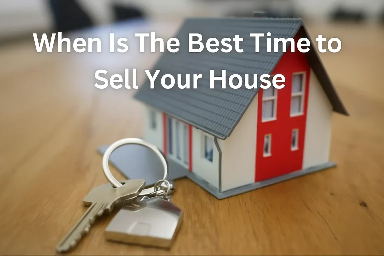 Keys with a house-shaped keychain in front of a model home and text overlay reading “When Is The Best Time to Sell Your House”