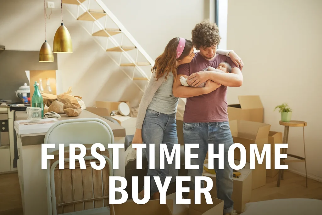Young family moving into their first home surrounded by boxes