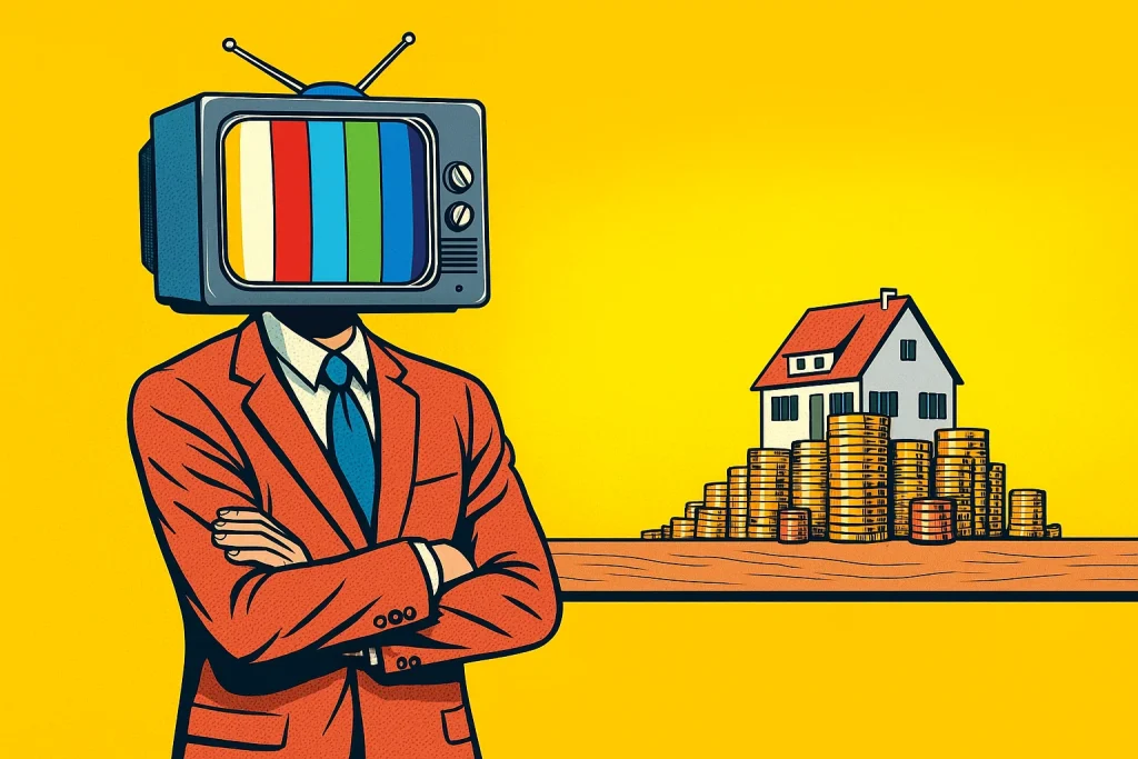 Illustration of home valuation concept with a businessman in a suit and TV head standing next to a house on stacks of gold coins