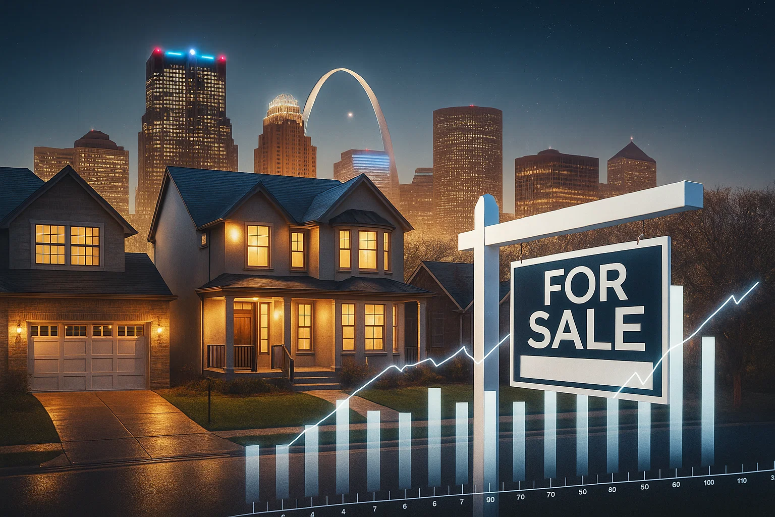 For sale sign in front of a home with St. Louis skyline and housing market growth chart