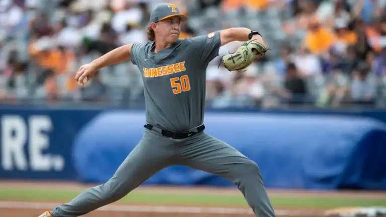 Tennessee pitcher in mid-delivery, one of the St. Louis Cardinals MLB Draft picks