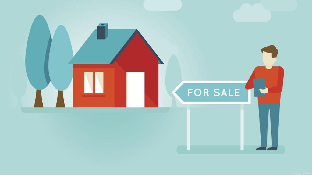 Illustration of a house with a "For Sale" sign and a person holding a clipboard, symbolizing the real estate selling process.