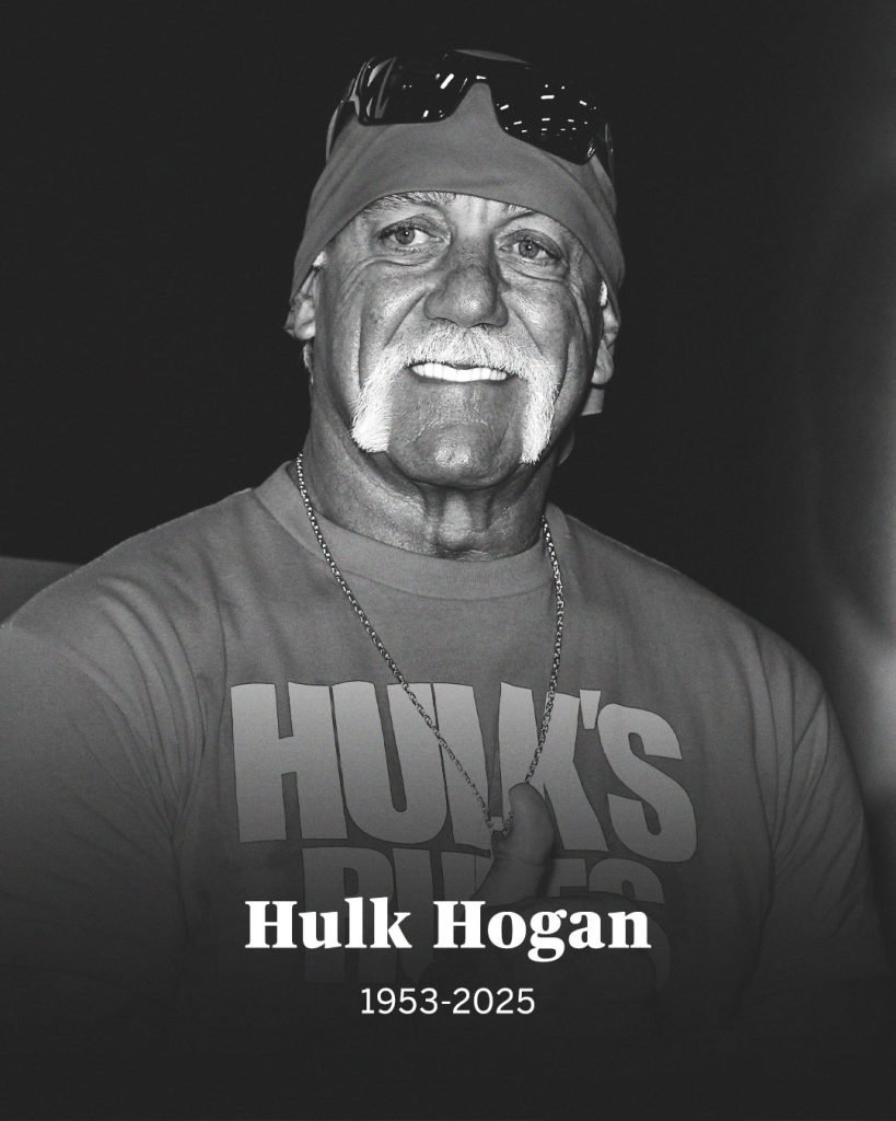 wwe legend hulk hogan dies at 71 following cardiac arrest 1 Black and white memorial photo of Hulk Hogan smiling with sunglasses on his head, honoring his legacy following the Hulk Hogan death announcement in 2025.