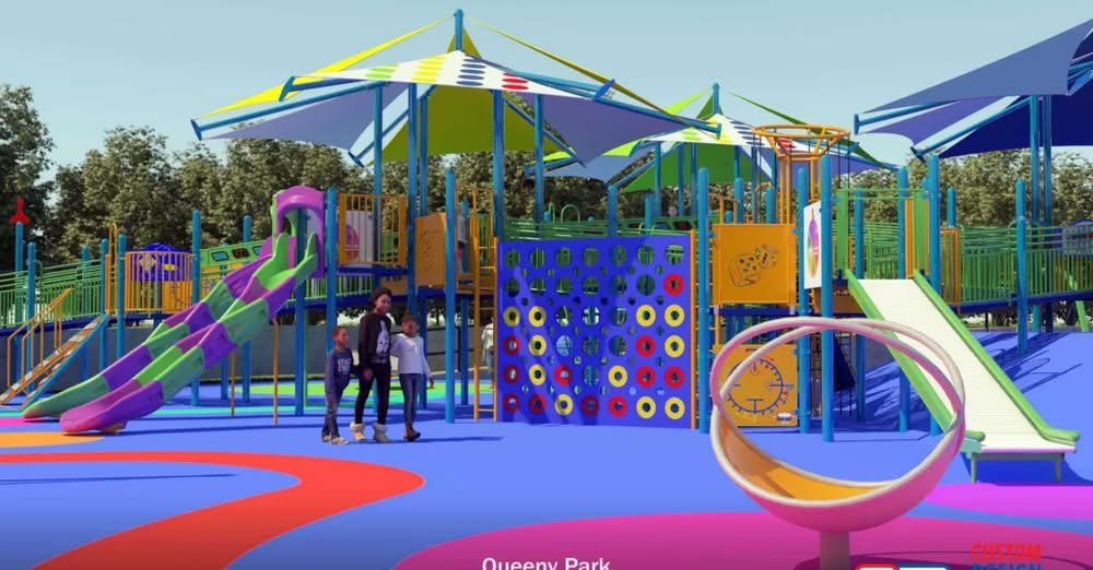 Colorful accessible playground equipment at Teddy and Friends Inclusive Playground in Queeny Park