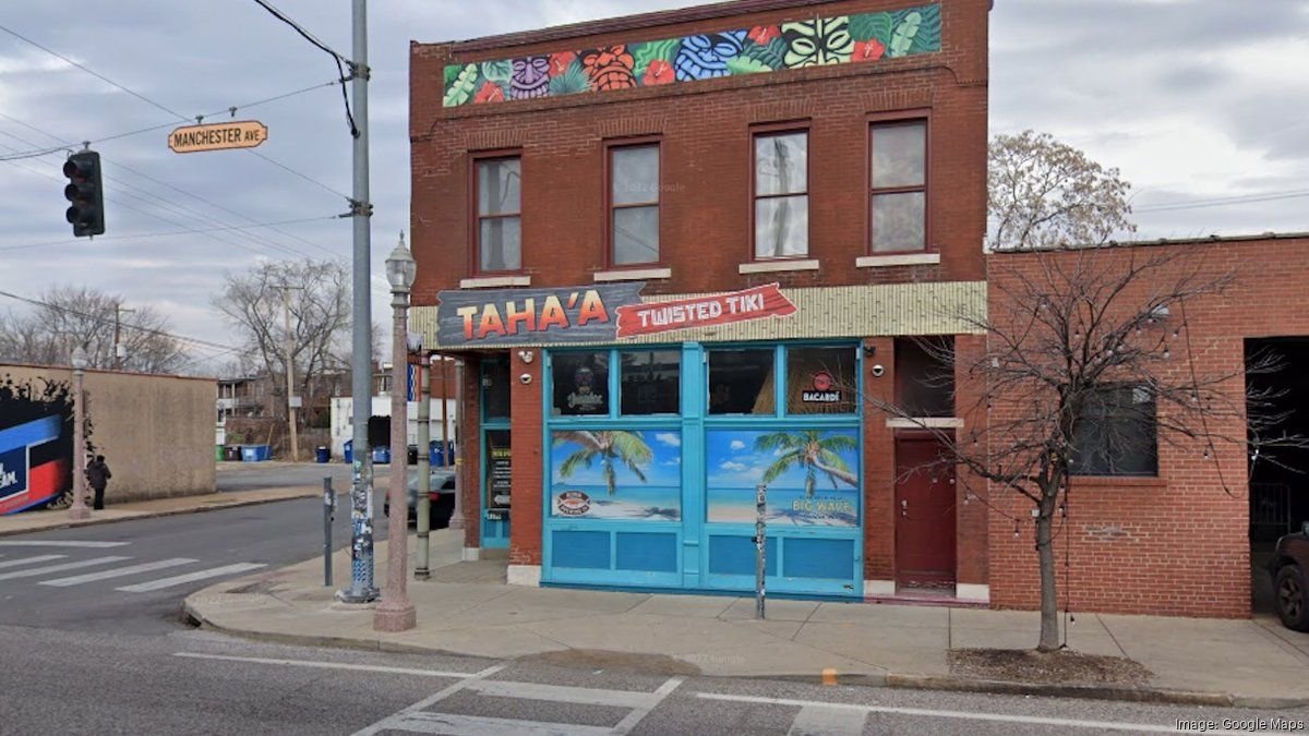 Exterior of the former Taha’a Twisted Tiki building at 4199 Manchester Avenue in The Grove, St. Louis, featuring tropical murals and a tiki-themed facade.