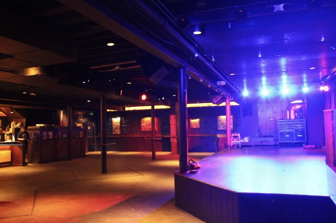 Interior view of the renovated Blueberry Hill Duck Room in St. Louis with new stage lighting