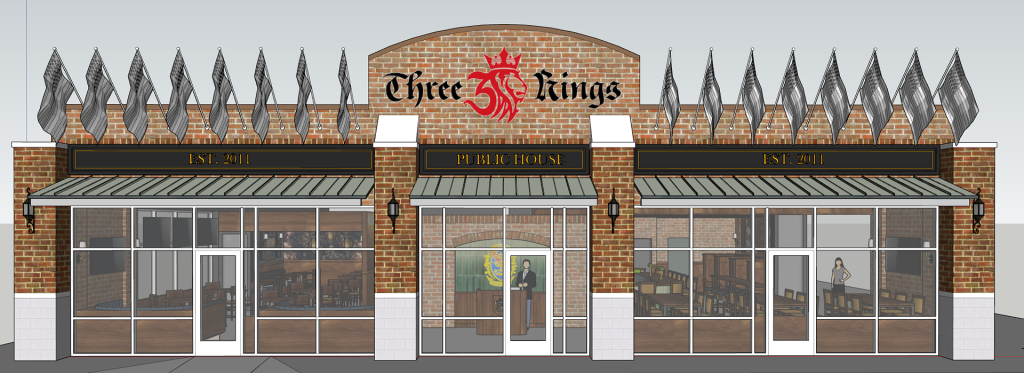 Rendering of the upcoming Three Kings Public House Cottleville location, featuring a brick façade, patriotic flag display, and labeled signage with "EST. 2011" and "Public House".