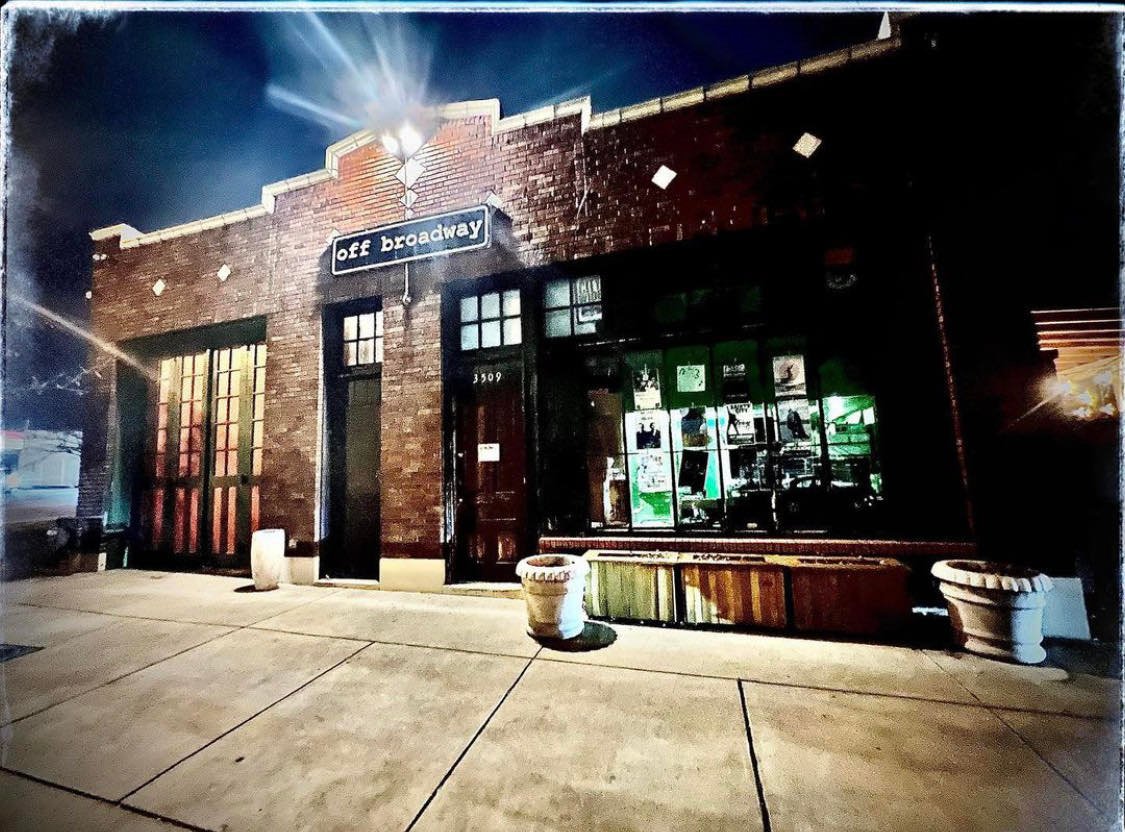 Exterior night view of Off Broadway music venue in the historic Cherokee Lemp District of St. Louis, Missouri.