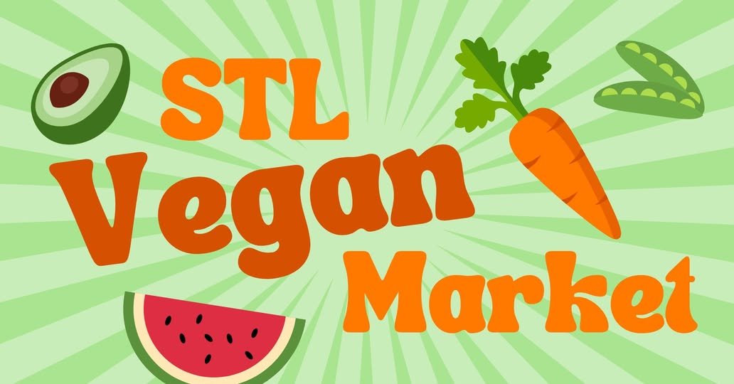 STL Vegan Market logo with avocado, carrot, watermelon, and pea pod graphics on green background
