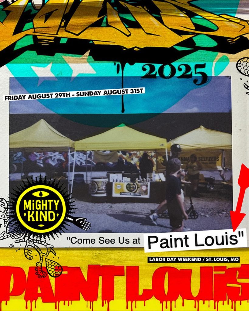 Promotional poster for Paint Louis 2025 in St. Louis, featuring festival dates August 29–31, bold graffiti-style artwork, and a Mighty Kind vendor booth.
