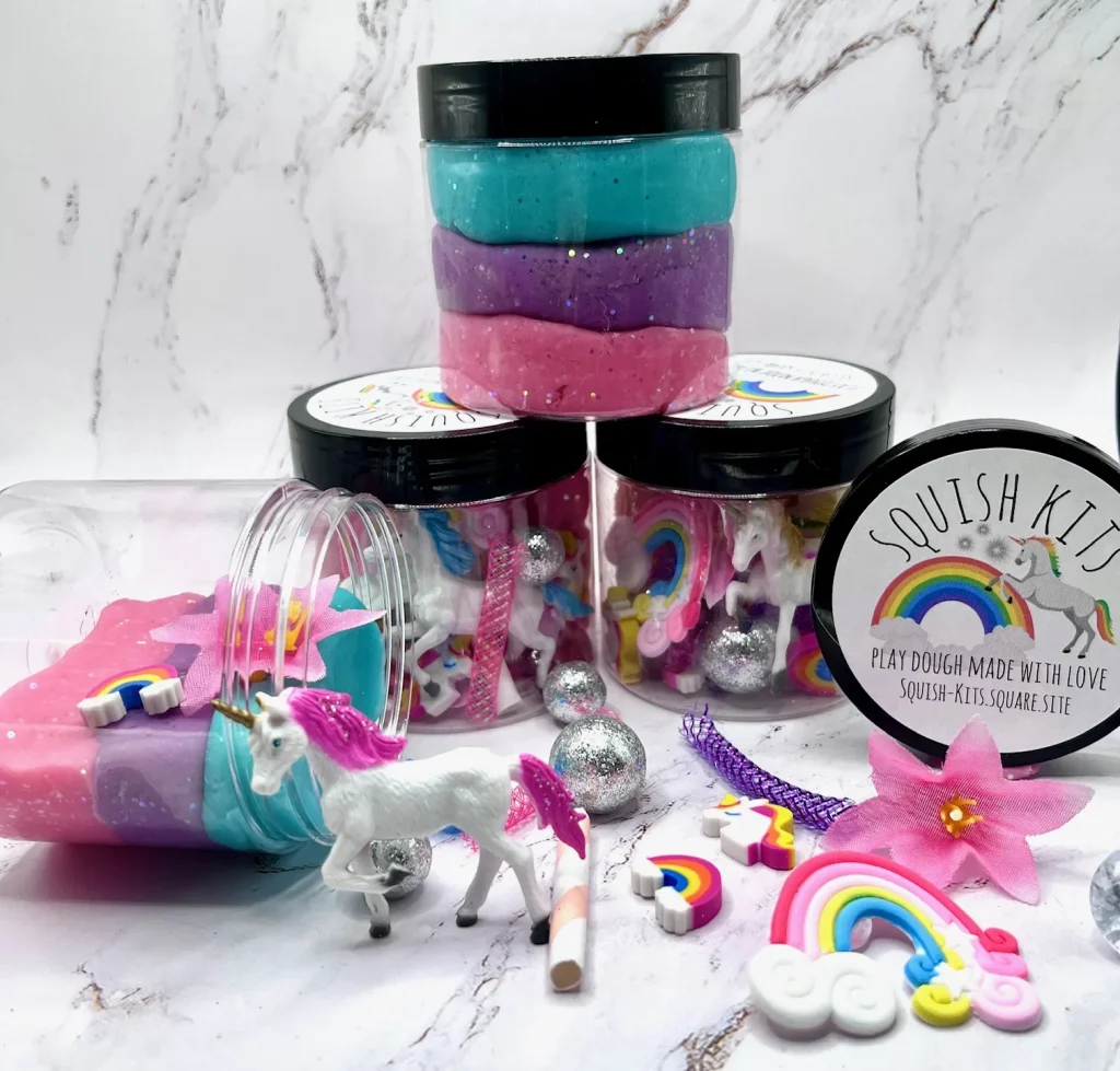 squish kits sensory play inspires creative fun for st. louis families 1 Squish Kits sensory play unicorn-themed play dough set with colorful trinkets and glitter accents