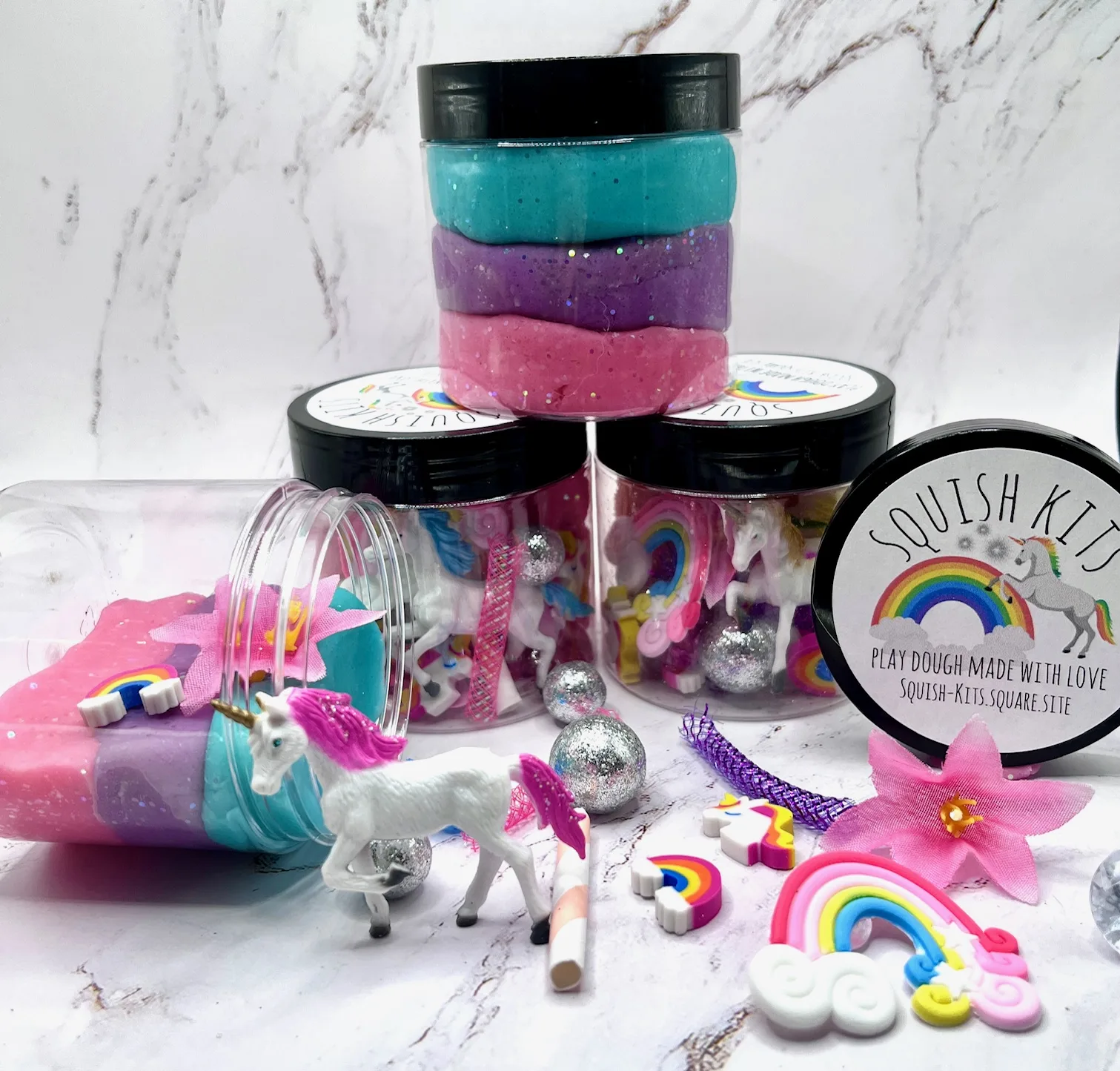Squish Kits sensory play unicorn-themed play dough set with colorful trinkets and glitter accents