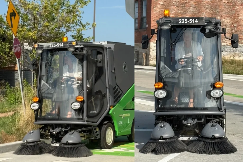 Mayor Cara Spencer drives Archie, a compact bike lane street sweeper, during a demonstration in Downtown St. Louis.