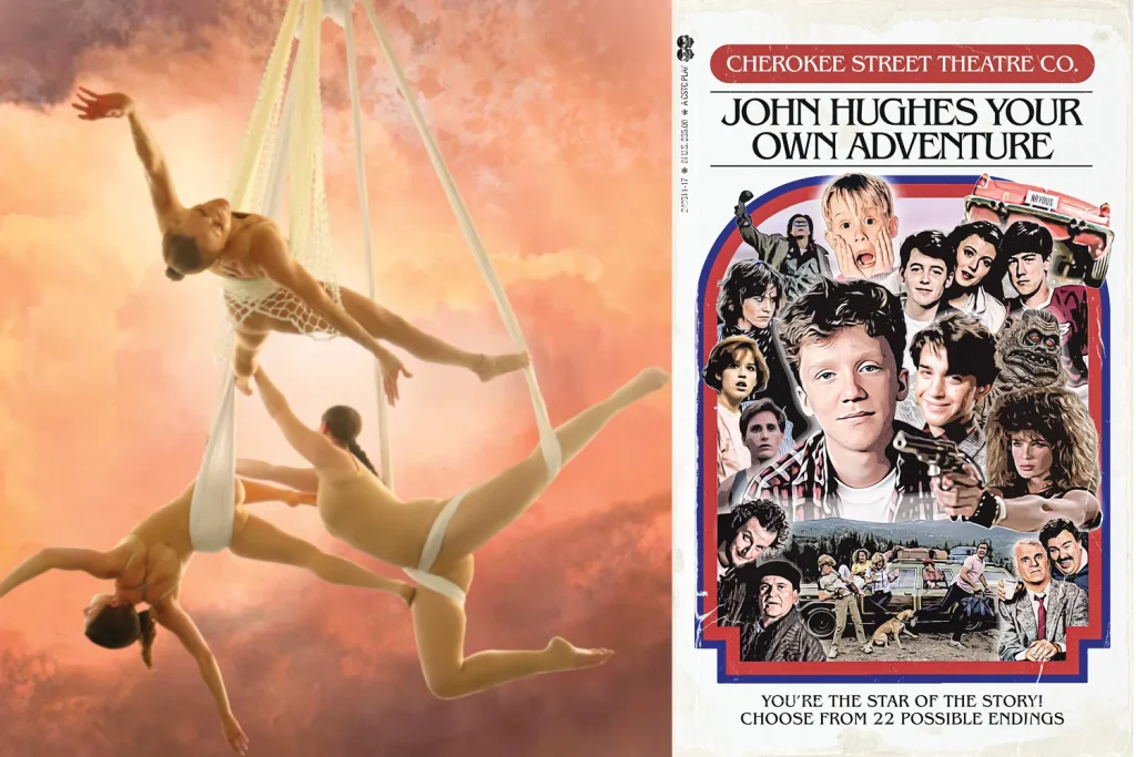 St. Lou Fringe Festival 2025 aerial performance and Cherokee Street Theater Company’s John Hughes Choose Your Own Adventure show poster