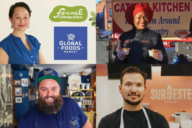 Collage of chefs participating in the Global Cooking Series, including Bay Tran of Fennel Cooking Studio, Cathy Jenkins of Cathy’s Kitchen, Rick Lewis of Grace Meat + Three, and Alex Henry of El Molino del Sureste, alongside the Global Foods Market logo