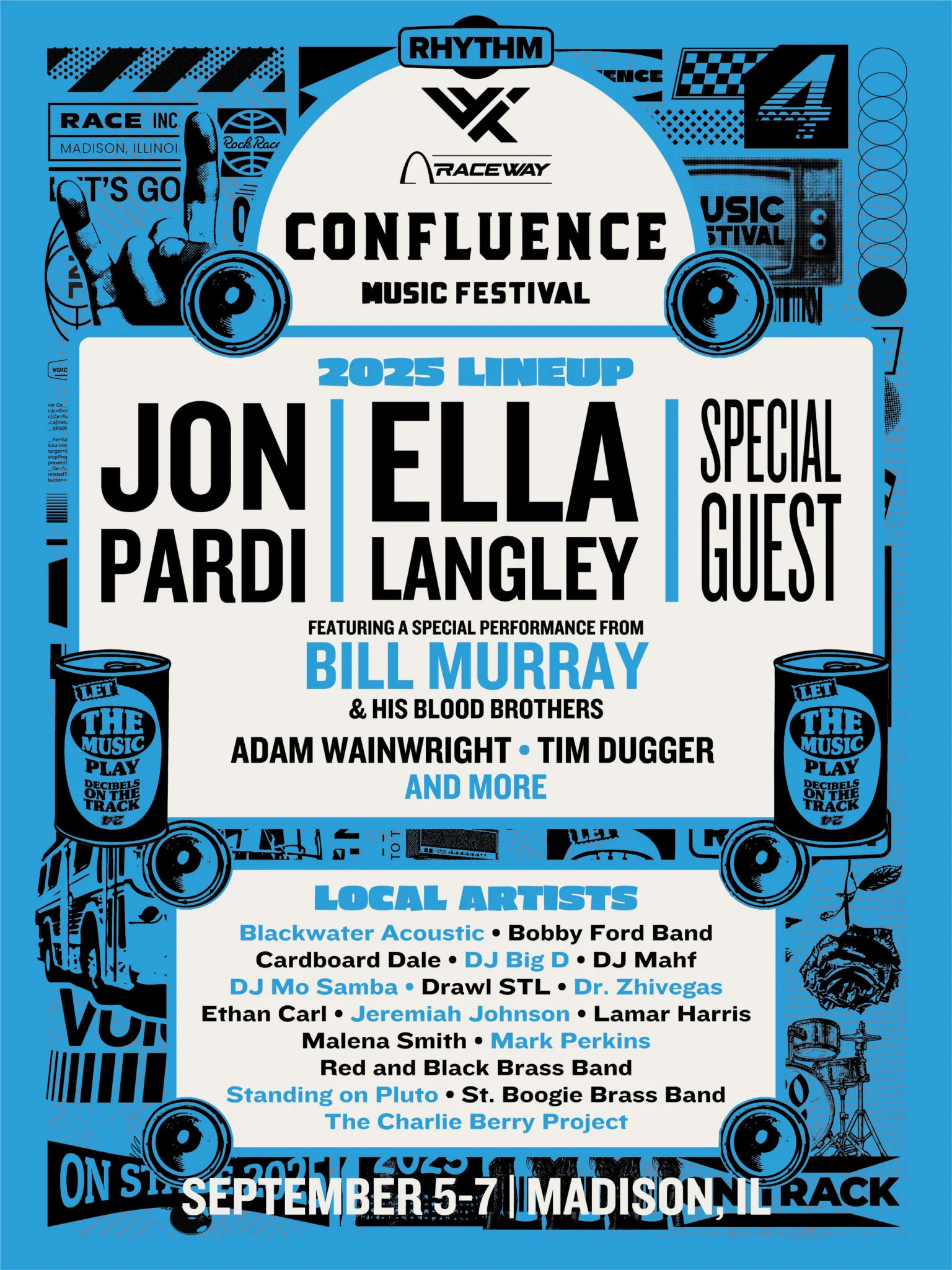 Confluence Music Festival 2025 lineup poster featuring Jon Pardi, Ella Langley, special guest, Bill Murray & His Blood Brothers, Adam Wainwright, Tim Dugger, and local artists, scheduled for September 5–7 in Madison, Illinois