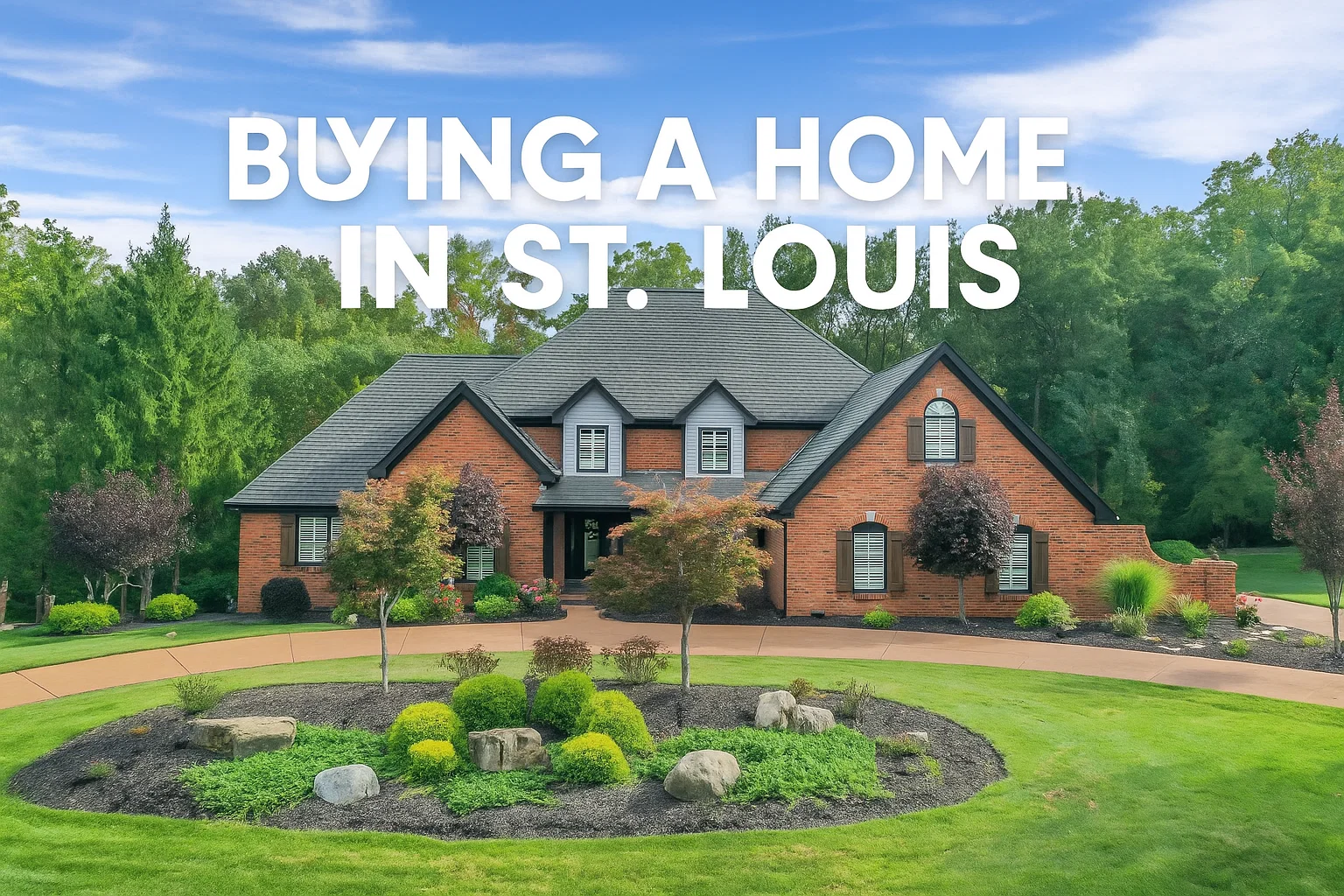 Front view of a brick house with landscaped yard and text overlay reading “Buying a Home in St. Louis”