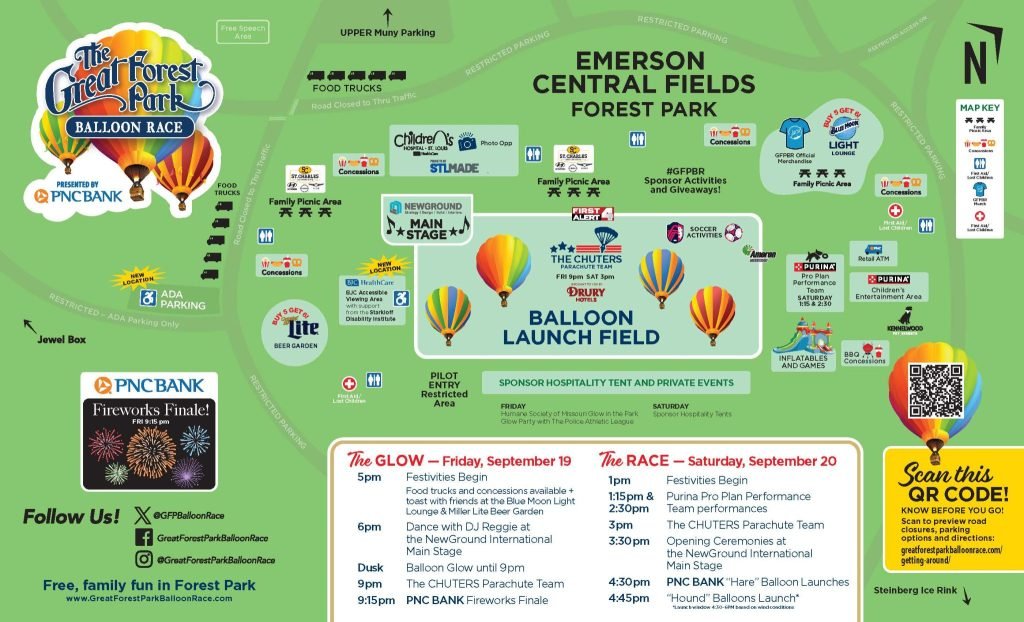 Event map for the Great Forest Park Balloon Race 2025 at Emerson Central Fields in St. Louis, showing Balloon Glow, Race Day schedule, and activity locations