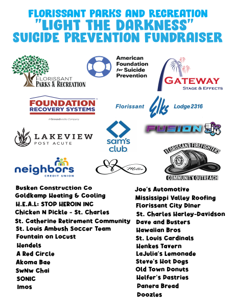 Light the Darkness 5K Glow Run suicide prevention fundraiser flyer featuring Florissant Parks and Recreation and sponsor logos