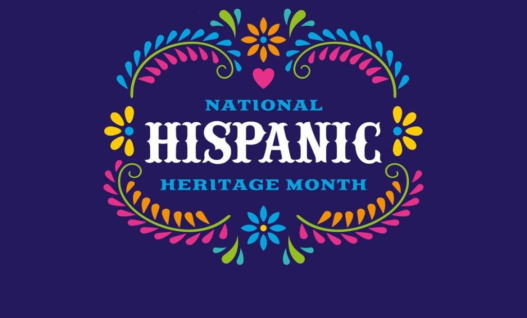 Colorful design celebrating National Hispanic Heritage Month with floral patterns on a dark background