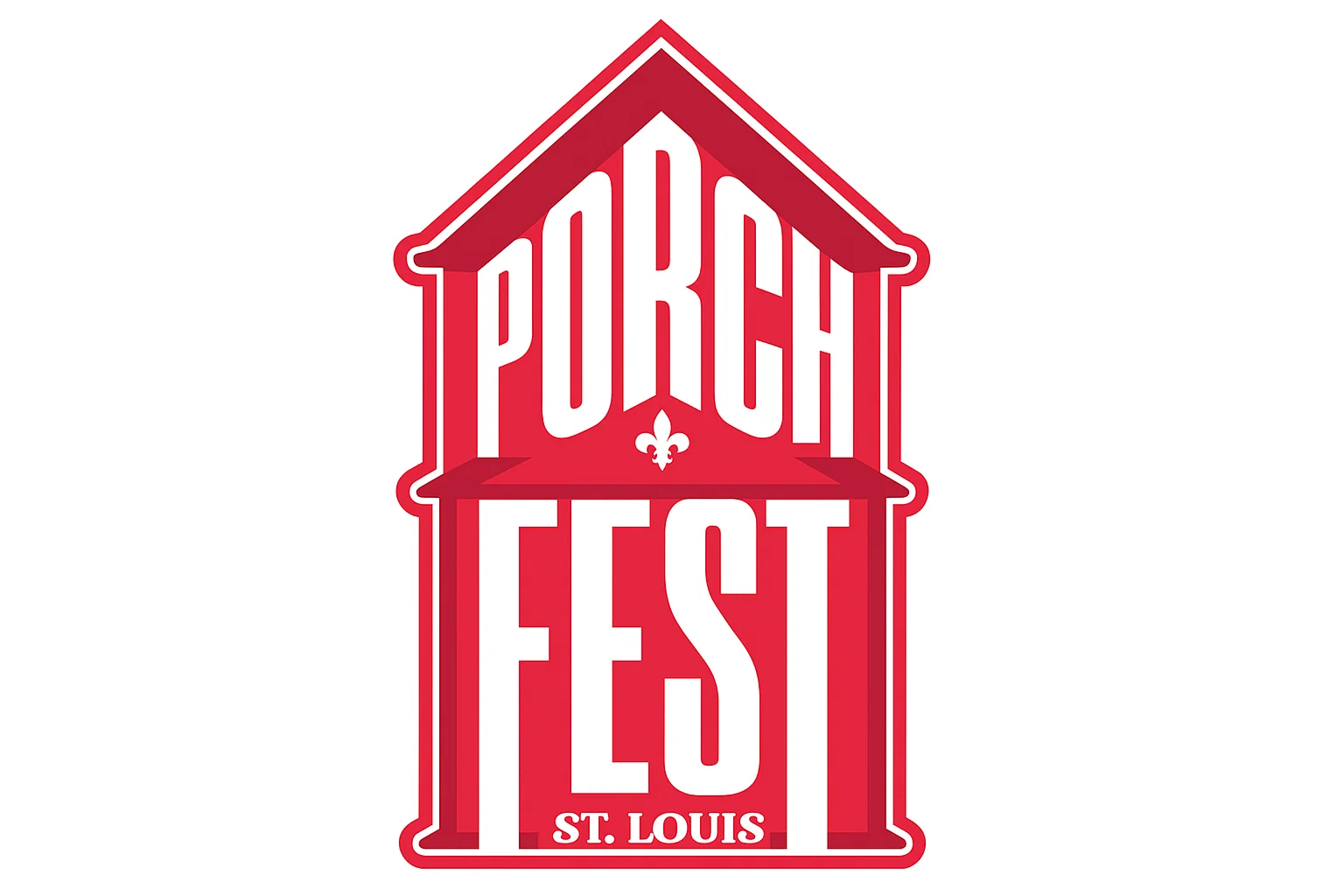 Official PorchFestSTL logo in red with house-shaped design and St. Louis text