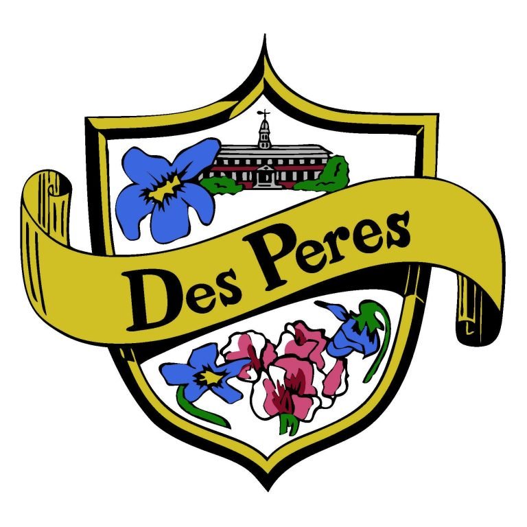 City seal of Des Peres, Missouri featuring flowers and a historic building