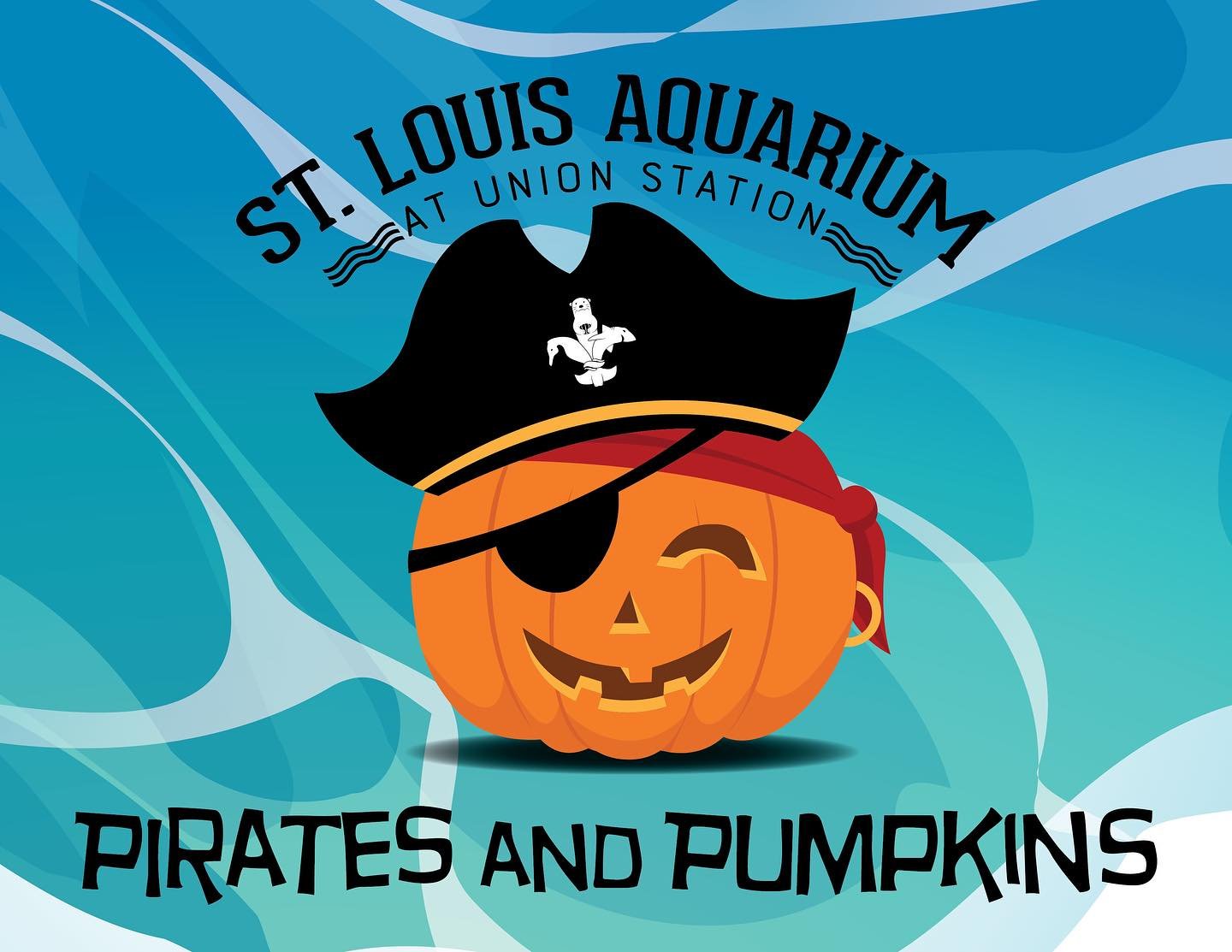 Promotional graphic for St. Louis Aquarium Pirates and Pumpkins 2025 at Union Station featuring a smiling jack-o’-lantern wearing a pirate hat.