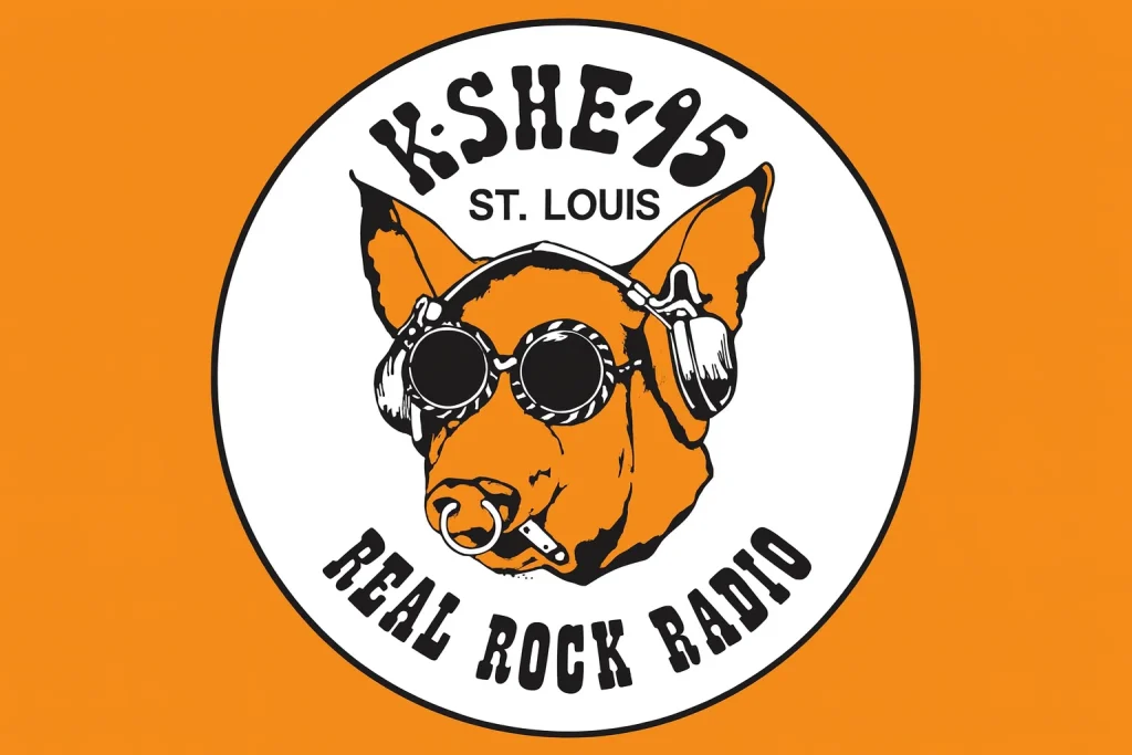 KSHE 95 St. Louis Real Rock Radio logo featuring the Sweetmeat pig mascot wearing sunglasses and headphones.