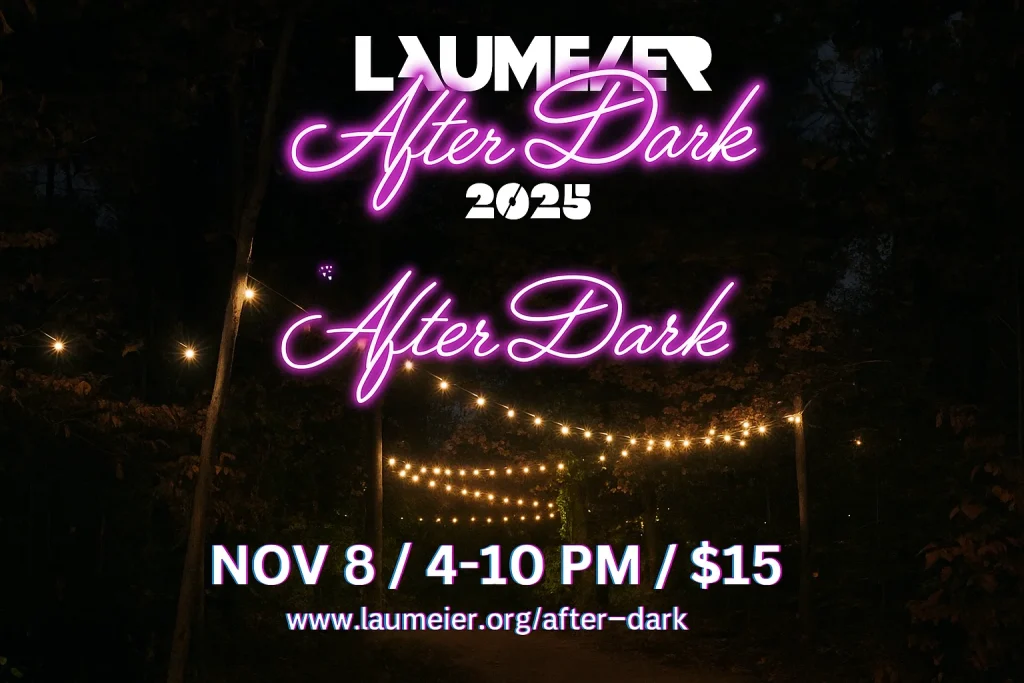 Promotional graphic for Laumeier After Dark 2025 featuring glowing purple text, string lights through trees, and event details for November 8 at Laumeier Sculpture Park.