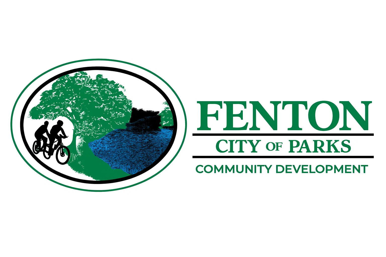 st. louis community guide 14 Fenton City of Parks logo showing cyclists, trees, and a river, representing the outdoor lifestyle near homes for sale in Fenton MO.