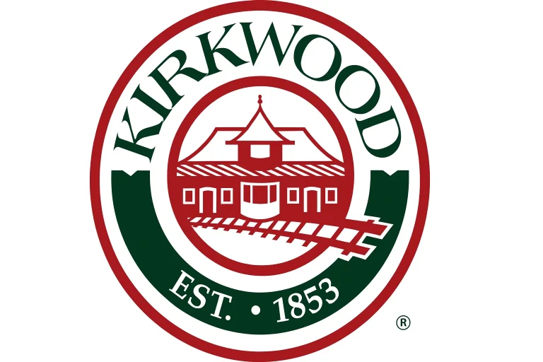 City of Kirkwood logo featuring a historic train station and railroad tracks, representing the community near homes for sale in Kirkwood MO.