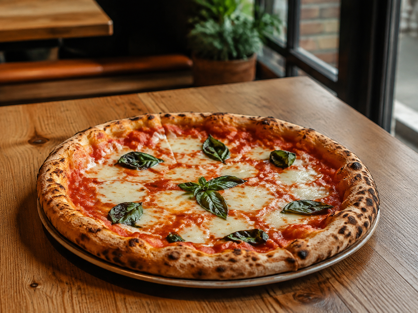 Fresh wood-fired Margherita-style pizza in a warm St. Louis pizzeria setting